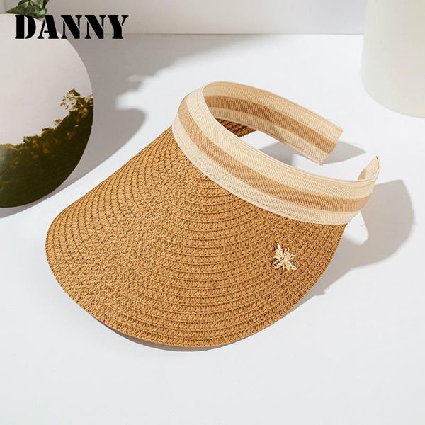 

wide brim hats summer panama elegant women's sun visor metal bee logo fashion outdoor uv travel hat, Blue;gray