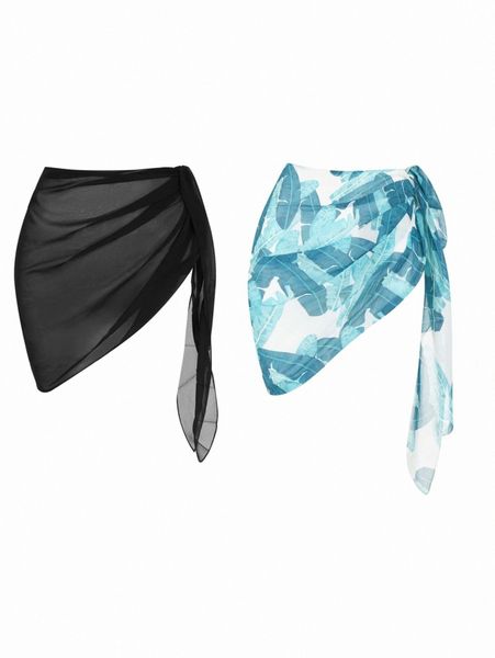 

2pack leaf print knot cover up skirt 13ft#, White;black