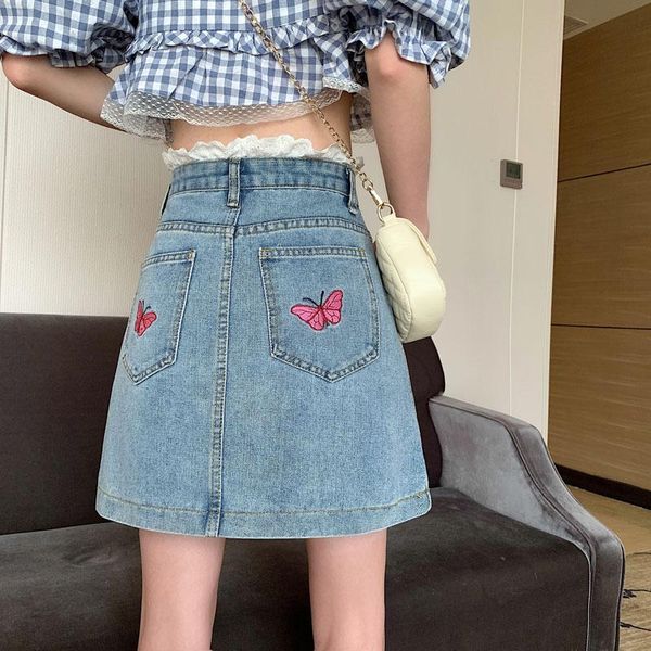 

skirts limiguyue chic summer korean butterfly embroidered denim skirt jeans for ladies personality all-match pockets girls k1435, Black