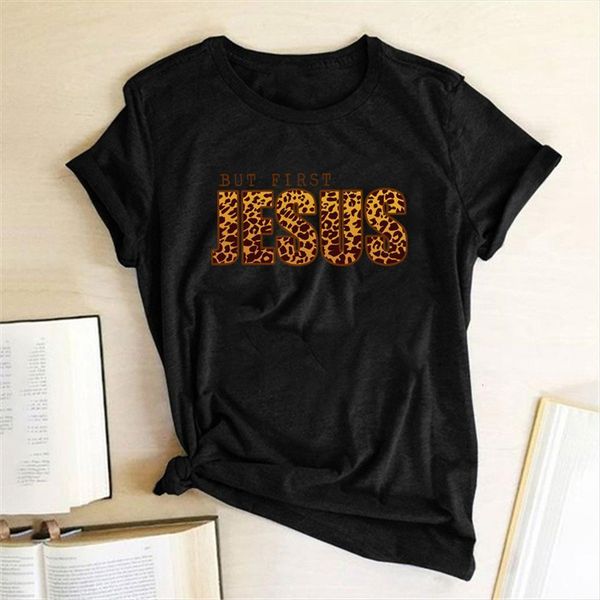 

leopard jesus but first womens t shirt printing summer loose graphic cotton round neck ropa, White