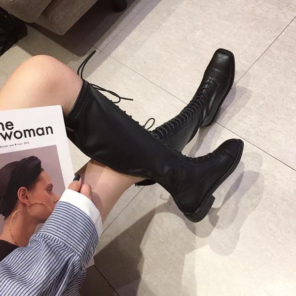 

boots high tube but knee women's autumn and winter 2021 net red thick heel front lace square toe knight, Black