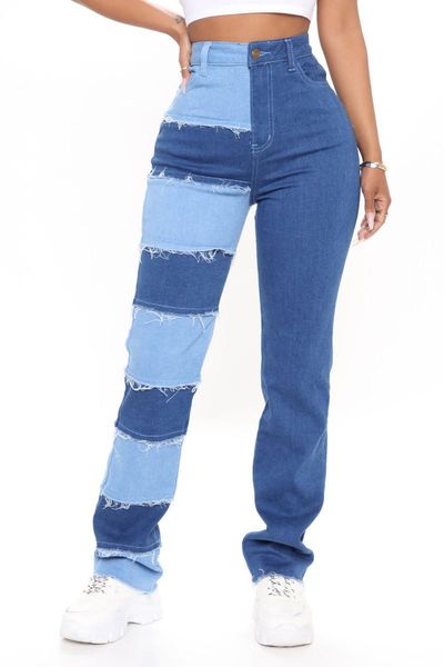 

women's jeans fashion patchwork women pants ripped female trousers streetwear bottoms high stretch denim, Blue