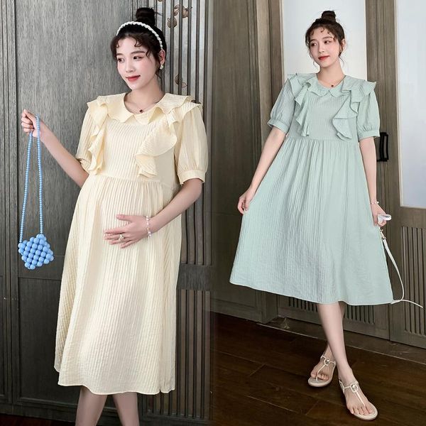 

summer style pregnant women dress yellow green solid color ruffles collar maternity pleated loose chiffon dresses, White