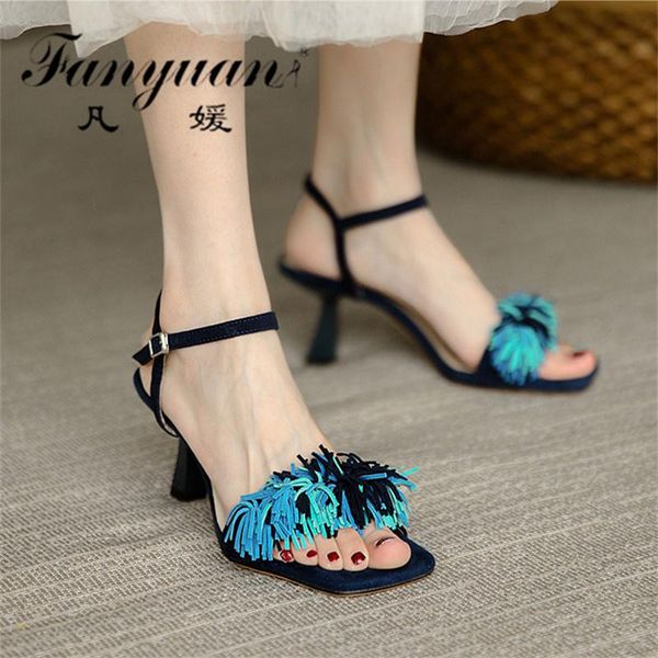 

dress shoes fanyuan fashion sweet fringe decoration women sandals square toe buckle high heels elegant party office woman, Black
