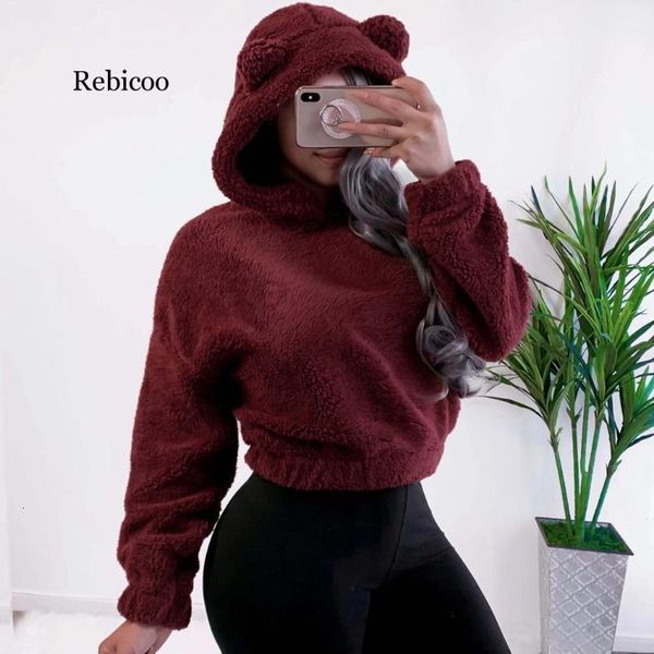 

women's hoodies & sweatshirts warm fleece hooded sweatshirt cute bears ears hoodie autumn women casual faux fur pullovers solid teddy y, Black