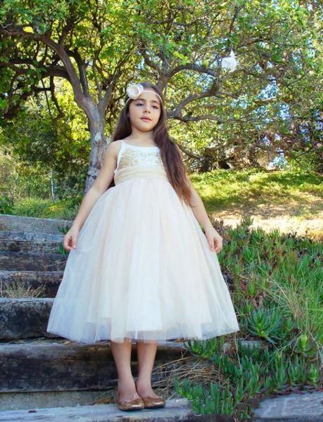 

lovely princess puffy tulle tea length flower girls dresses sequins zipper back pretty special party gowns, White;blue