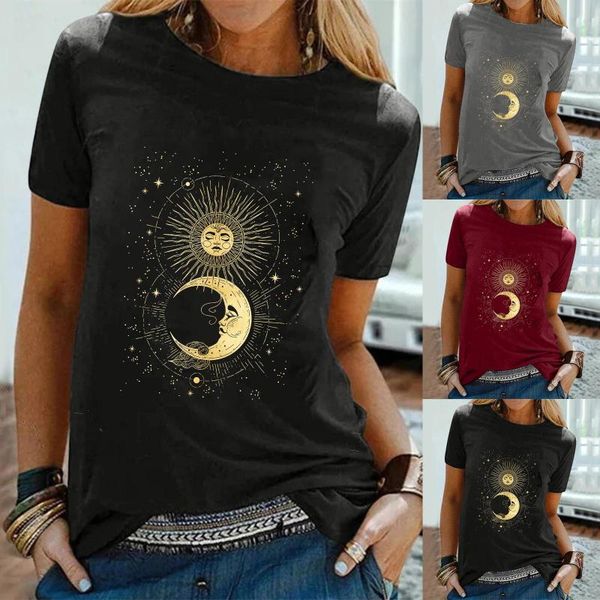 

women's blouses & shirts women sun moon star prinshirt blouse o-neck short sleeve shirt, White