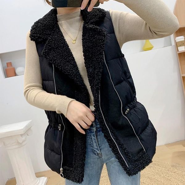

women's vests autumn winter warm lamb fur down cotton vest women casual waistcoat feminino sleeveless cardigan ladies coats, Black;white