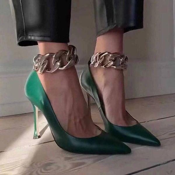

spring brand women pumps shoes fashion metal chain ladies pointed toe dress thin high heel sandal, Black