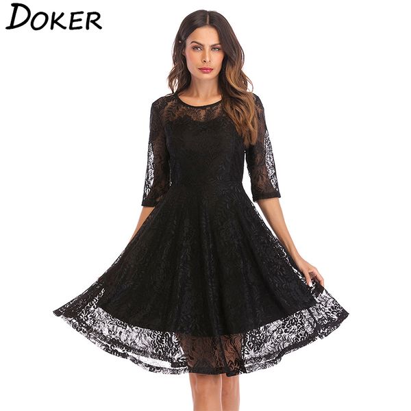 

new lace vintage large swing dress women o-neck 3/4 sleeve knee-length dress ladies plus size elegant evening party dress 210423, Black;gray
