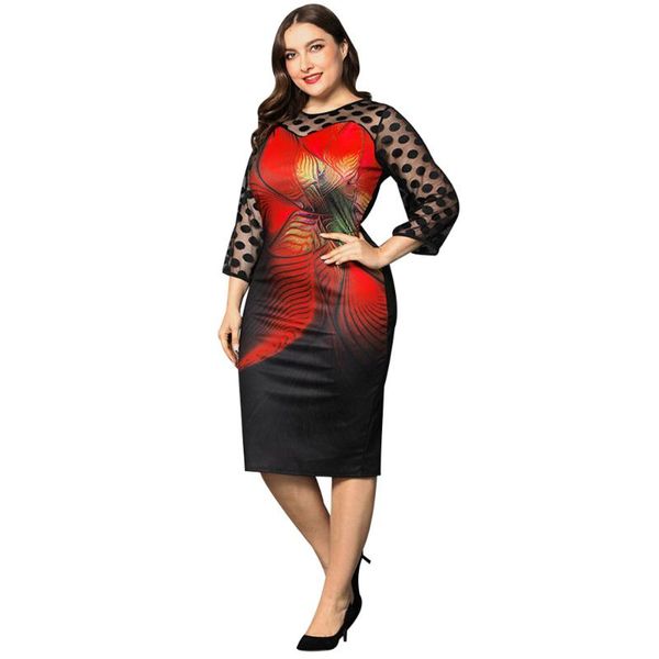 

women plus size midi dress bodycon work wear ol polka dot printed ladies large female sundress autumn casual dresses, Black;gray
