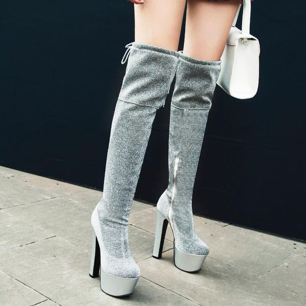 

boots winter fashion ladies silver thigh high bling luxury shoes women designers platform heels woman long plus size, Black