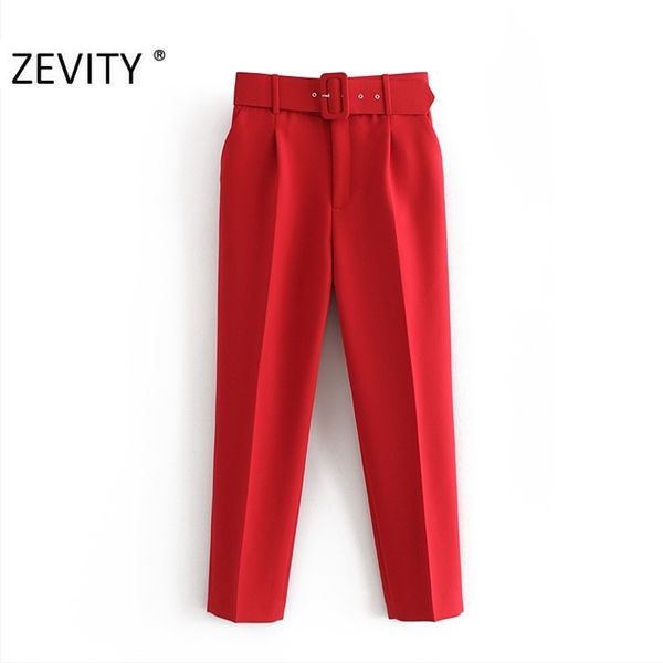 Venda Mulheres Candy Cor Calças Vermelho Rosa Chic Sashes Calças De Negócios Feminino Feminino Zipper Pantalones Mujer P953 210925