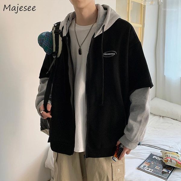 

men jackets autumn patchwork fake-two pieces all-match hooded outwear male loose korean style ulzzang zipper students leisure men's, Black;brown