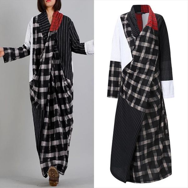 

oversized asymmetrical dress spring sundress womens tanks casual long sleeve plaid vestidos female v neck patchwork retro robe, White