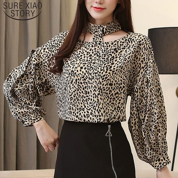 

fashion autumn long sleeve lantern chiffon blouse casual stand print leopard women and blouses 5069 50 210510, White