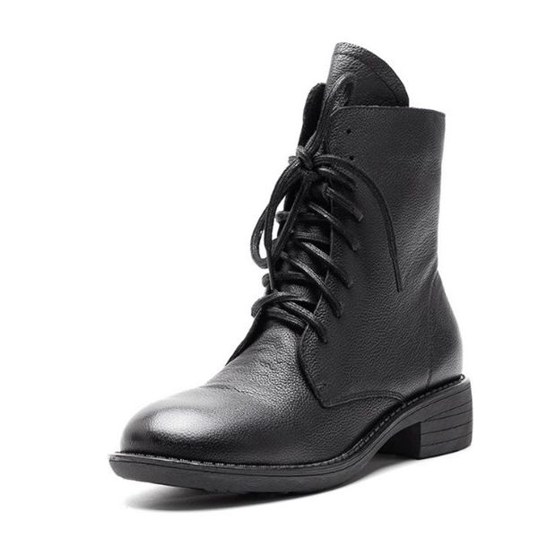

boots full grain genuine natural leather riding equestrian black handmade retro winter footwearlow heels lace-up shoes for women
