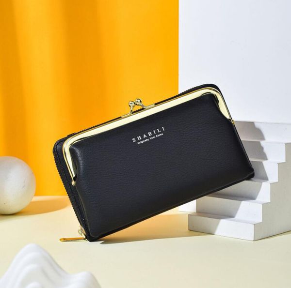 

est korean ins women's solid large-capacity money clips leather multifunctional bank card id -card holder mobile phone bag ladies walle, Black