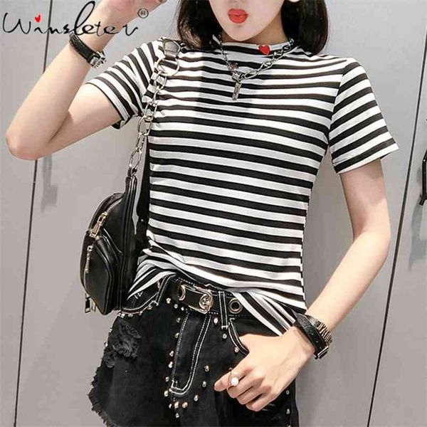 

t shirt ladies summer stripe cotton o-neck short sleeve tee casual fashion trend slim tshirt for women clothing t05224b 210421, Black;gray