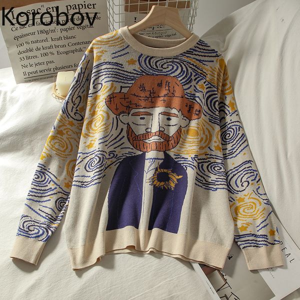 

korobov harajuku cartoon women sweaters vintage o neck long sleeve female pullovers 2021 autumn new chic streetwear sueter mujer, Black