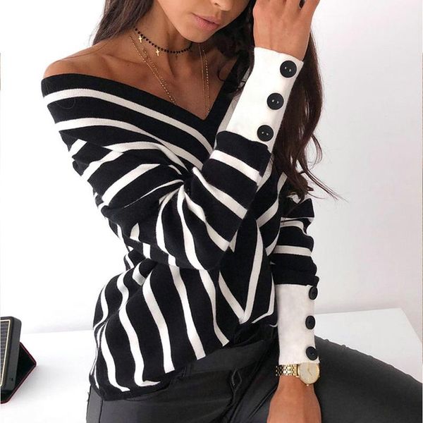 

women's blouses & shirts women striped v neck shirt button puff sleeve blouse and 2021 autumn black-white stripes off shoulder ladies