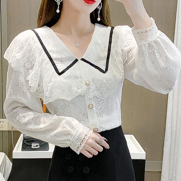 

women's blouses & shirts white sweet lace blouse long sleeve crochet shirt casual office ladies elegant 2021 spring autumn blusas muje
