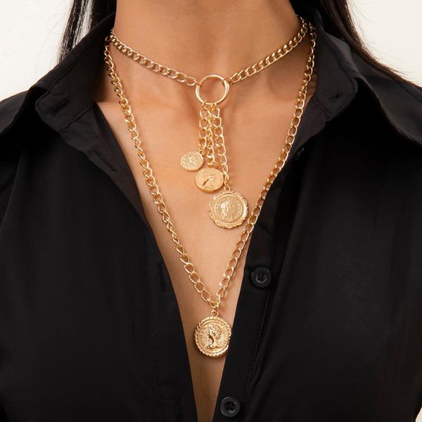 

pendant necklaces ingemark vintage coin avatar long chain necklace choker neck multilayer tassel fashion women punk jewelry collier femme, Silver