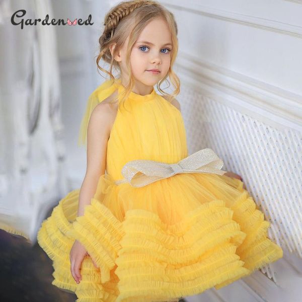 

yellow baby girl dress bow puffy dresses for girls high collar communion knee length flower kids girl's, Red;yellow