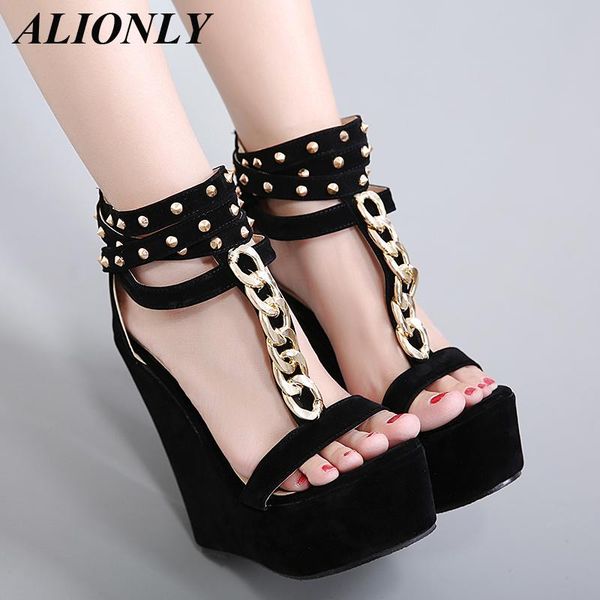 

sandals alionly gladiator for women 2021 summer high heels fashion chain platform wedges shoes, Black