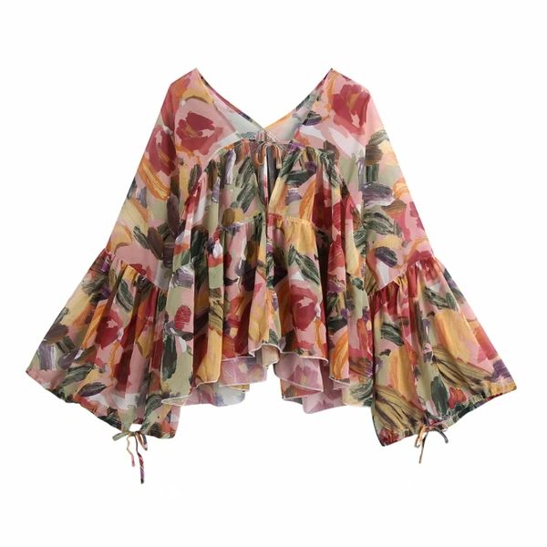 

spring women printed chiffon shirt v neck sunscreen clothing female flare sleeve blouse casual lady loose blusas s8662 210430, White