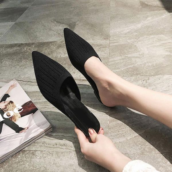 

fashion women shoes spring summer sandals plus size slippers knitted woman mules ladies outside pointed toe female, Black