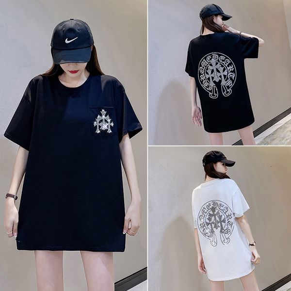 

ch 2021 spring and summer new glittering cross drilling short sleeve t-shirt women's loose medium length top, White
