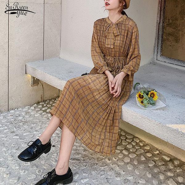 

casual dresses 2021 fashion women long sleeve dress vintage lady chiffon elegant clothes autumn print pleated korean floral vestidos 8538, Black;gray