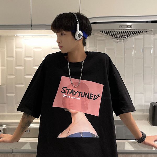 

painting graphic men t-shirt casual loose short sleeve harajuku hip hop streetwear male, White;black