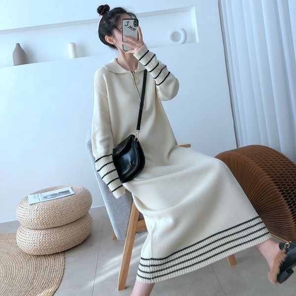 

Mode stripe print long mesh elegant straight hood with zipper sweater casual pull dress, Black;gray