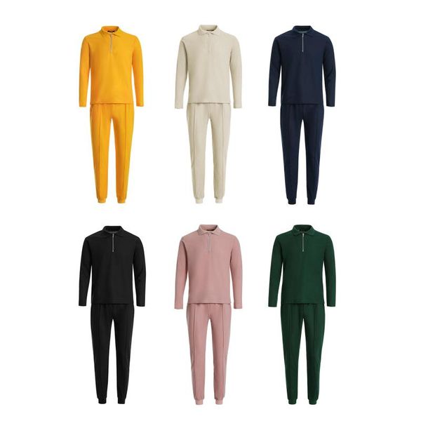 

men's pants solid color slim fit leisure fashion suit, long sleeve lapel zipper t-shirt + with pockets, drawstring, Black