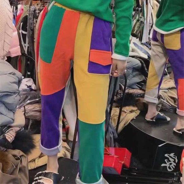 

winter korean fashion women elastic waist harem pants all-matched casual patchwork colors loose pants warm trousers s469 210608, Black;white