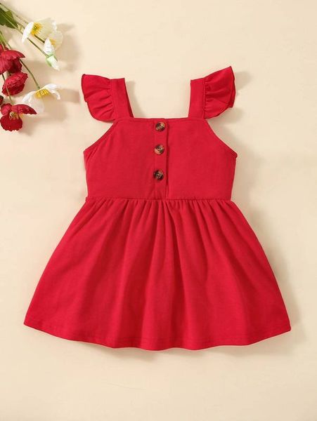 

baby ruffle trim fake button cami dress she, Red;yellow