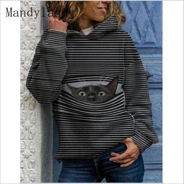 

mandylandy women's casual print sweatshirt autumn and winter long sleeve striped cat loose hooded pullover hoodies & sweatshirts, Black