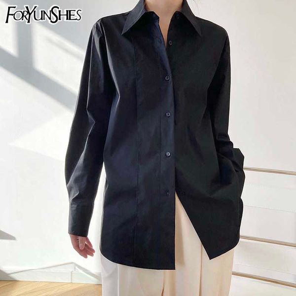 

foryunshes white oversized long sleeve blouse spring autumn vintage black button up shirts women korean fashion 210709
