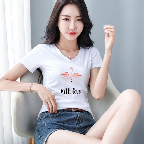 

women's t-shirt short sleeve t shirt women flamingo with love summer 2021 v neck pink fashion k style desire tee, White