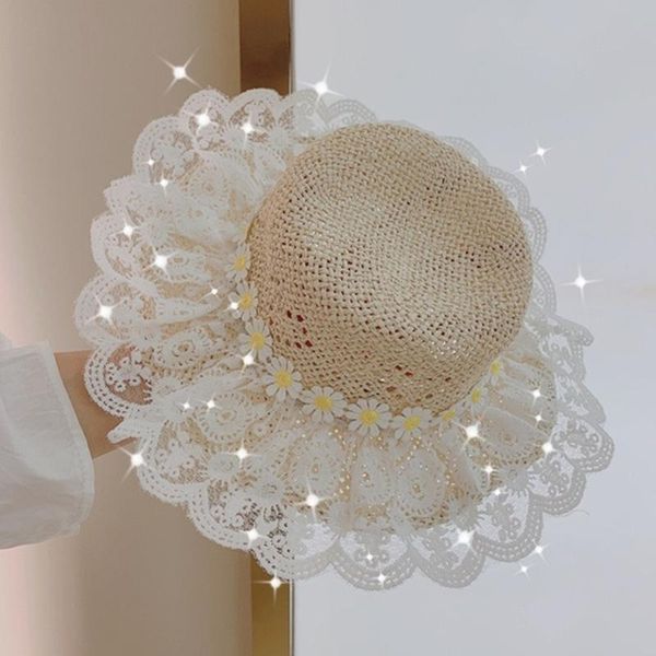 

caps & hats baby princess raffia straw hat summer breathable holiday beach panama gorros kid child girl lace flower sun, Yellow