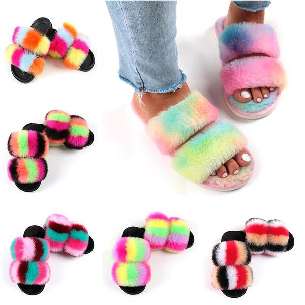 

faux fur warm flat shoes female slip on home furry ladies slippers woman flats slides winter women house, Black