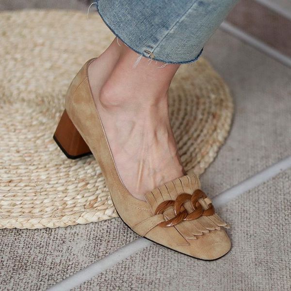 

boots tassel round head thick heel single shoes women's middle 2021 autumn french sheepskin high heels, Black