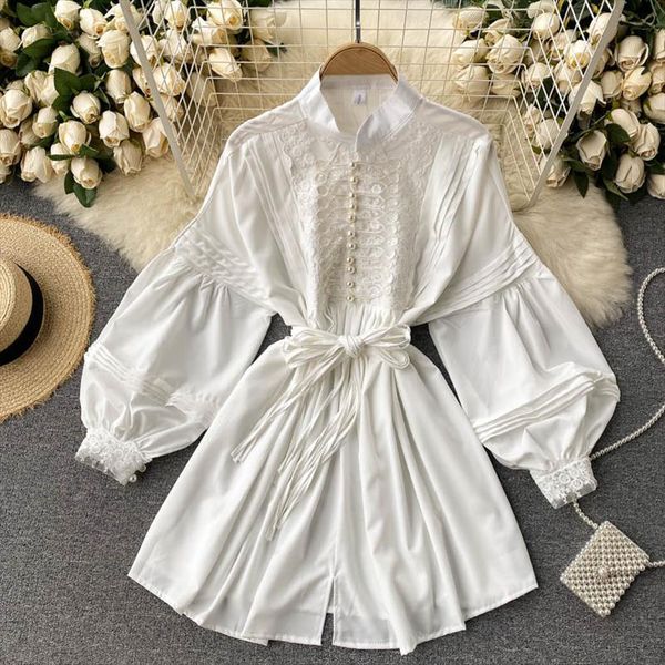 

spring vintage elegant beading white womens dress mandarin collar lantern sleeve a line slim solid dresses, Black;gray