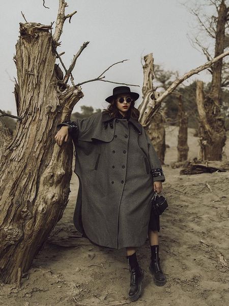 

women's wool & blends coats for women vintage england style oversize fall winter coat korean fashion cloak cape long blend jackets, Black