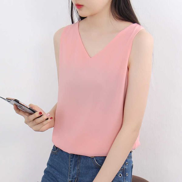

korean women chiffon blouses for v-neck white woman sleeveless shirt plus size solid pink blouse 210604