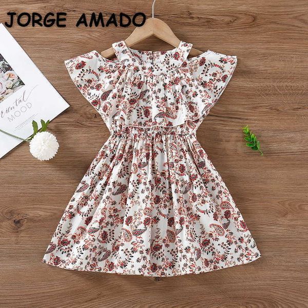 

summer kids girls dress floral batwing sleeves shoulderless elastic waist casual style dresses children clothes e659 210610, Red;yellow