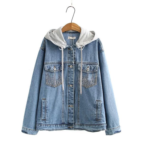 

women's jackets vintage casual denim jacket women hong kong hooded oversize pocket sequin long-sleeve basic coat tooling spring autumn, Black;brown