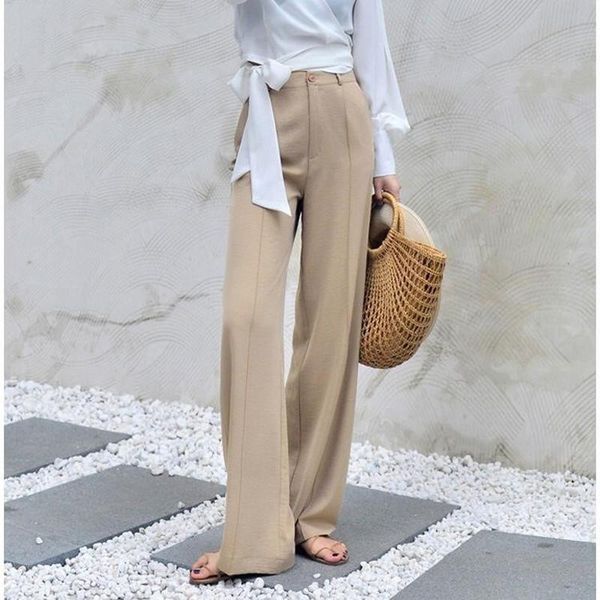 

women's pants & capris 170-175cm autumn wide leg women elastic waist elegant office ladies khaki trousers plus length purple gray, Black;white